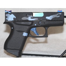 Glock 43, 9MM, Custom Camo Blue, Upgraded Trigger, Fiber Optic Sights, Multi Colored Blue Barrel, 6 Rounds, 2 Magazines