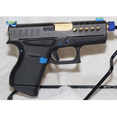 Glock 43, 9MM, Custom Battle Worn Tungsten With Blue & Gold, Cut Slide, Glock Glow Sights, 6/10 Rounds, 2 Magazines