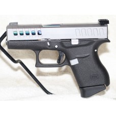Glock 43, 9MM, Custom Brushed Stainless Steel, Upgraded Trigger, Fiber Optic Sights, Multi Colored Blue Barrel, 6 Rounds, 2 Magazines