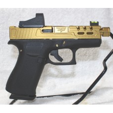 Glock 43X, 9MM, Custom Gold & Black, Threaded Gold Barrel, Fiber Optic Sights, Derry RMS Red Dot Sight, 10 Rounds, 2 Magazines